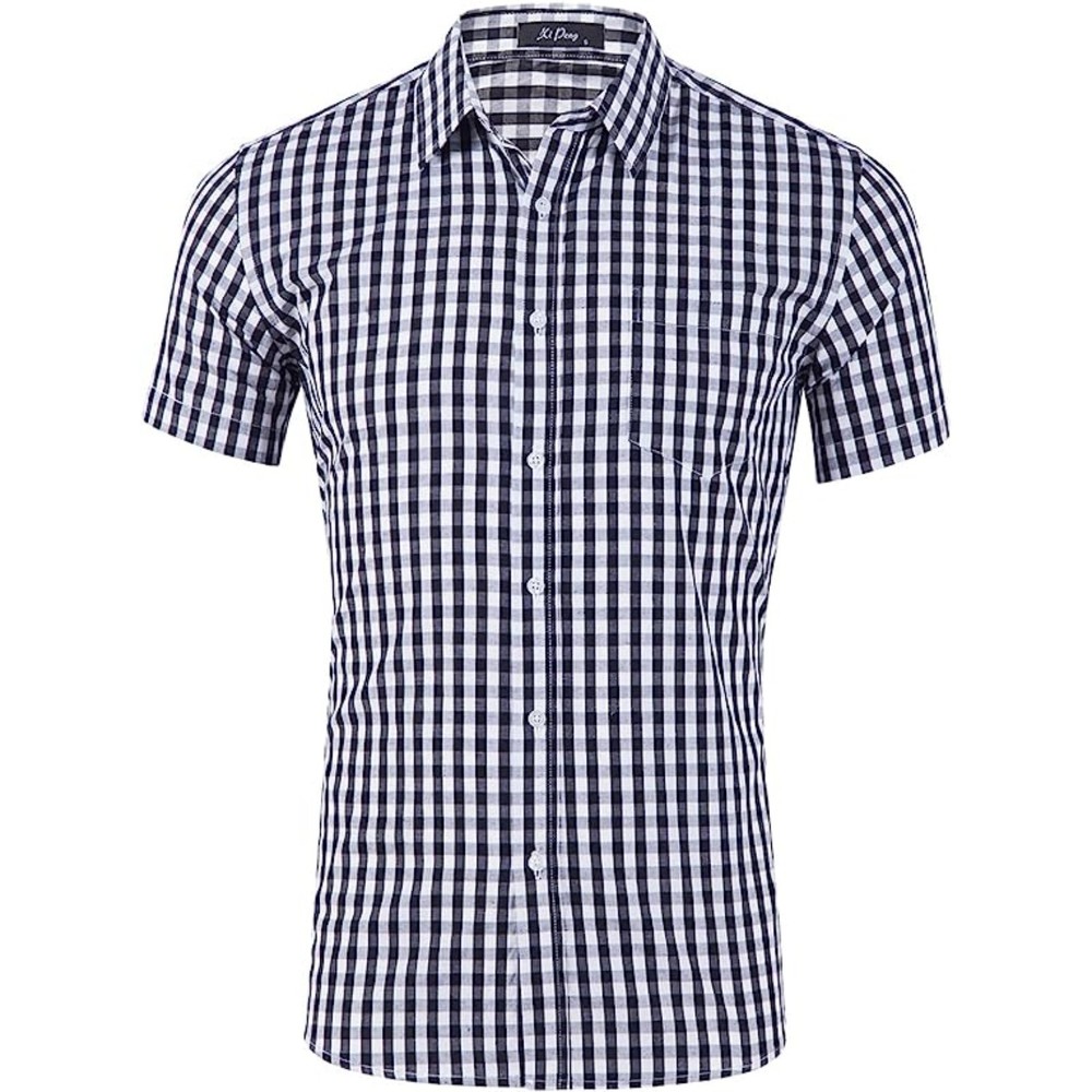 Casual Cotton Plaid Checkered Gingham Short Sleeve Dress Shirts Black White Med